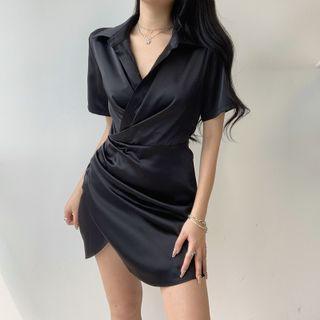 Short Sleeve V-neck Collar Satin Twisted Mini Shirtdress