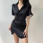 Short Sleeve V-neck Collar Satin Twisted Mini Shirtdress