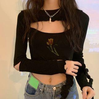 Set: Long-sleeve Cropped Top + Flower Print Cropped Camisole Top