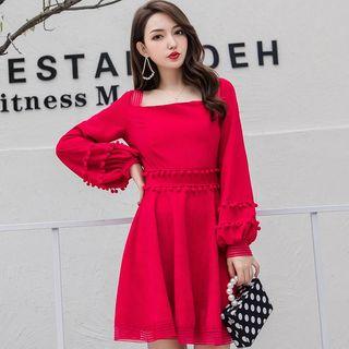 Long-sleeve Pom Pom Trim Mini A-line Dress