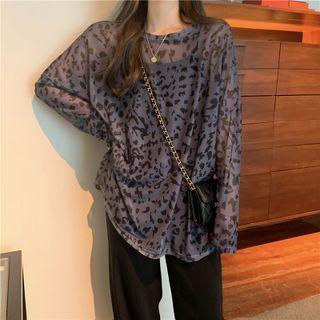 Long-sleeve Leopard Print Sheer T-shirt