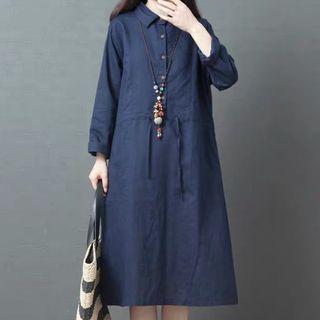 Long-sleeve Drawstring Midi Linen Dress