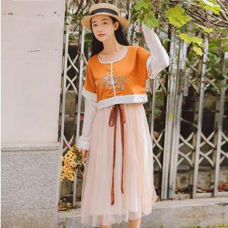 Set: Mock Two Piece Long-sleeve Top + Strappy Midi Dress