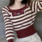 Long-sleeve Striped Bow Knit Top