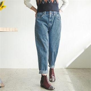 Smocked Band-waist Washed Baggy Jeans