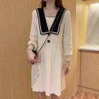 Long-sleeve Collared Pleated Dress Almond - One Size