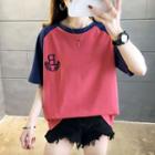 Short-sleeve Letter Embroidered Raglan T-shirt