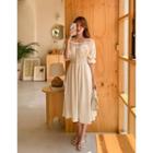 Off-shoulder Beribboned Smocked-waist Dress