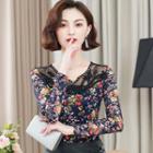 Long-sleeve Lace Paneled Floral Top