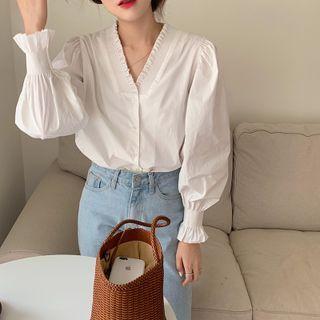 Long Sleeve V-neck Ruffled-cuff Blouse