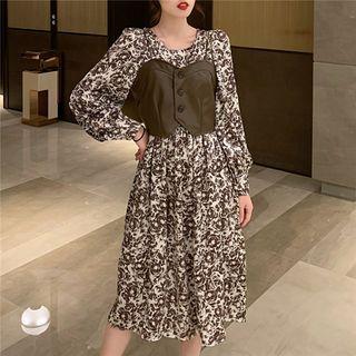 Set: Long-sleeve Floral Print Midi A-line Dress + Camisole Top