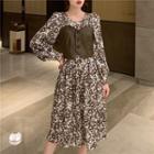 Set: Long-sleeve Floral Print Midi A-line Dress + Camisole Top