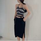 Halter-neck Striped Camisole Top / Cropped Cardigan / Midi Pencil Skirt
