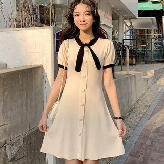 Collar Bow A-line Knit Dress