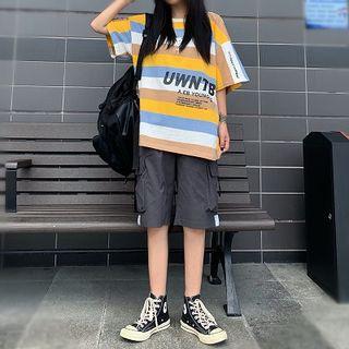 Lettering Striped Elbow-sleeve T-shirt / Cargo Shorts / Set