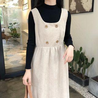 Long-sleeve Plain Top / Sleeveless Button Accent Velvet Dress