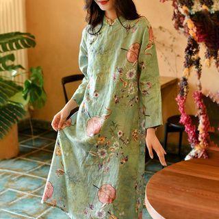 3/4-sleeve Flower Print Shift Dress