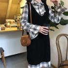 Bell Sleeve Lace-up Plaid Dress / V-neck Knitted Vest