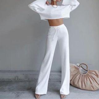 Set: Long-sleeve Crop Top + Wide Leg Pants