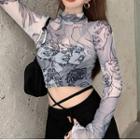 Long-sleeve Graphic Print Mesh Crop Top