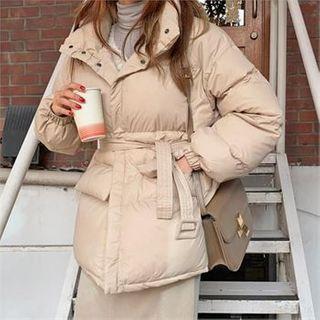 Funnel-neck Snap-button Padded Jacket With Belt