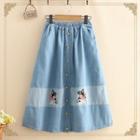 Dog Embroidered Button A-line Skirt