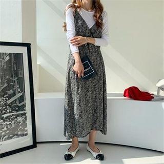 Spaghetti-strap Lace-trim Pattern Dress Black - One Size