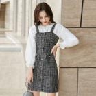Set: Lace Cuff Blouse + Faux Pearl Buttoned Tweed Pinafore Dress
