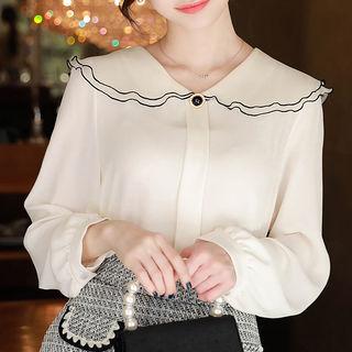 Layered-collar Rhinestone-button Chiffon Blouse
