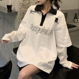 Polo-neck Mock Two-piece Lettering Sweatshirt White - One Size