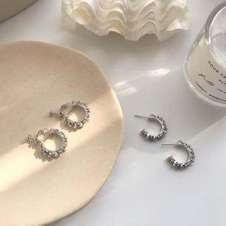 925 Sterling Silver Faux Pearl Faux Crystal Open Hoop Earring