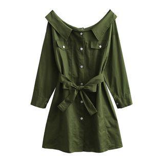 Off-shoulder Button-up Mini Shift Dress