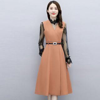Set: Lace Long-sleeve Top + Midi A-line Pinafore Dress