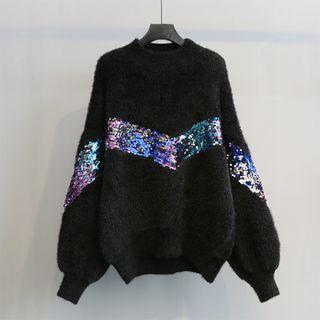 Sequined Mock-neck Furry Sweater