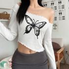 Long-sleeve Off-shoulder Butterfly Print Crop Top