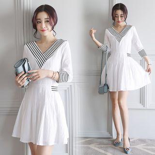 3/4-sleeve Striped Trim Dress