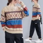 Patterned Sweater Beige & Blue & Brownish Red - One Size