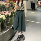 Flared-cuff Blouse / Checker Print Camisole Top / Midi A-line Skirt / Set