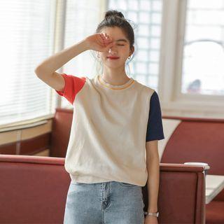 Short-sleeve Paneled T-shirt Red & Blue & White - One Size