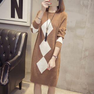 Diamond Check Long-sleeve Knit Dress