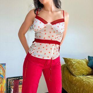 Heart Print Mesh Paneled Camisole Top