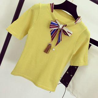 Ribbed Ribbon Trim Short-sleeve T-shirt