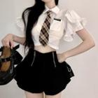 Short-sleeve Frill Trim Crop Shirt / Plaid Tie / High Waist Mini Skort