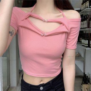 Short-sleeve Off-shoulder Halter Neck Top