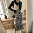 Long-sleeve Turtleneck T-shirt / Spaghetti-strap Knit Top / Leopard Print Maxi Knit Skirt