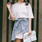 Set: Embroidered Elbow-sleeve T-shirt Dress + Checked Irregular Hem Mini Skirt