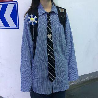 Long-sleeved Plaid Shirt Blue - One Size