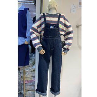 Bear Embroidered Loose-fit Denim Back Strap Pants