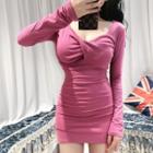 Long-sleeve Plain Mini Bodycon Dress Dark Pink - One Size