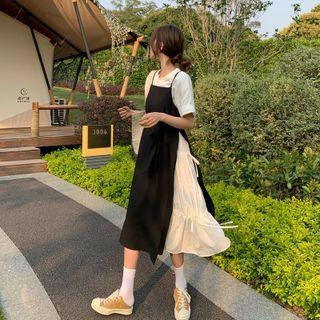 Short-sleeve T-shirt / Spaghetti Strap Paneled Midi A-line Dress